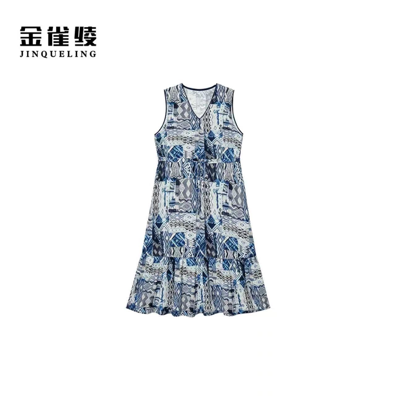金雀绫【潮起潮落】度假风V领抽绳加宽加大背心连衣裙SZBQ346