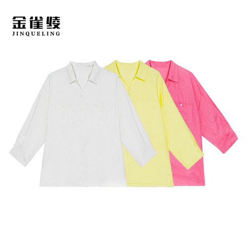 雀绫【糖果精灵】100亚麻纯色舒适透气翻领大码女装衬衫SZA1S185