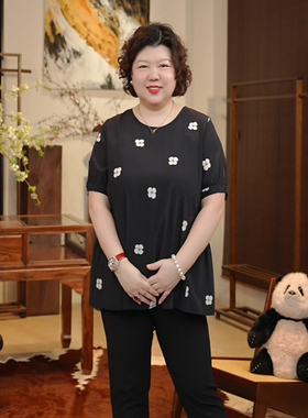 金雀绫【四叶花】桑蚕丝双乔加宽加大收腰印花T恤SZBL212