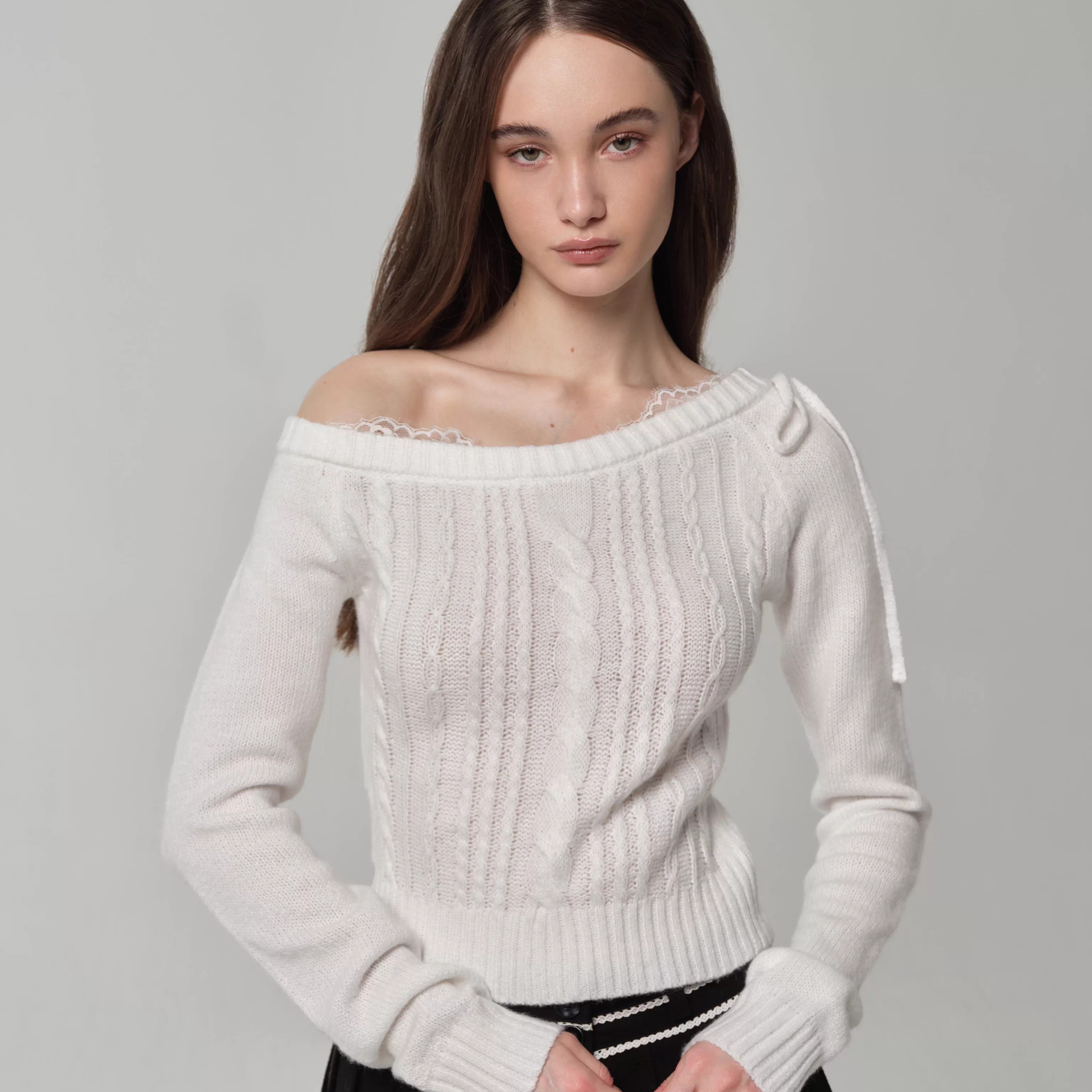 正品代购斜领麻花露肩针织衫宽松