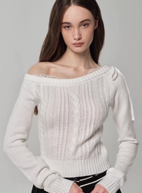 Kleesier韩国直邮上衣女2025冬款正品代购斜领麻花露肩针织衫宽松