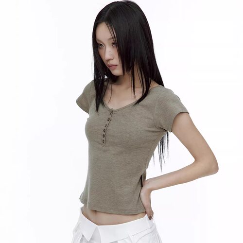 韩国代购飞袖T恤女复古亨利U型领