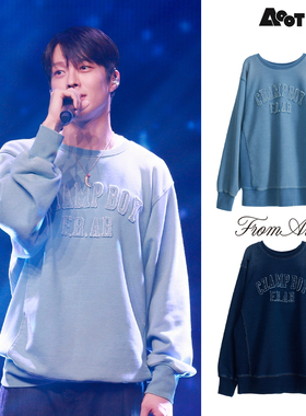 fromarles 张基龙同款标圆领宽肩复古蓝色长袖卫衣韩国正品休闲