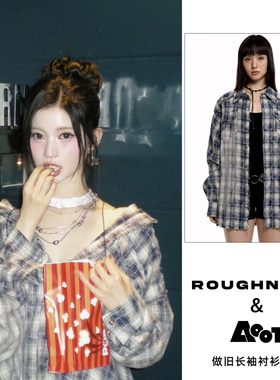 ASA同款韩国roughneck25秋季新款纯棉格子衬衣女宽松做旧长袖衬衫