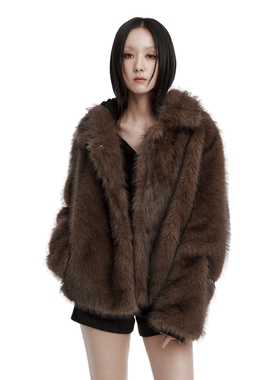 Roughneck韩国代购翻领咖色皮草外套2025冬新款气质女装