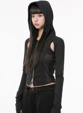 flareup韩国代购超长袖连帽短外套女修身镂空显瘦双拉链百搭上衣