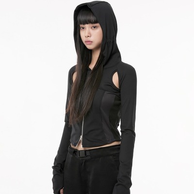 韩国代购修身超长袖连帽短外套女