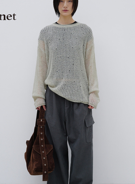 Deinet 韩国直邮秋季慵懒风宽松简约微透镂空长袖针织衫套头罩衫