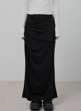 韩国代购flareup褶皱半身裙秋女2025新款纯色气质百搭中长款裙子