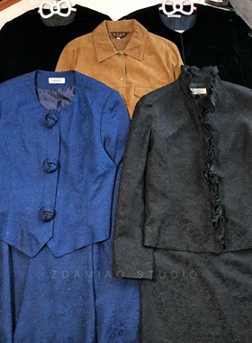 ZDAMIAO日本制古着中古vintgae昭和复古提花丝绒古早外套半裙套装