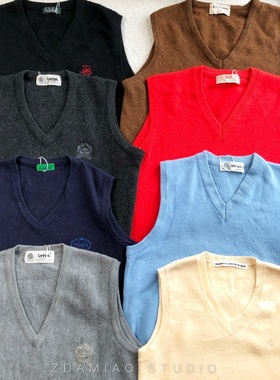 特价复古纯色百搭学院jk制服V领羊毛针织背心马甲古着vintgae日系