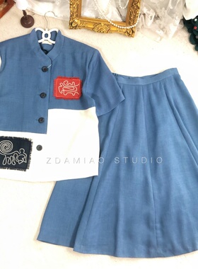 ZDAMIAO日本古着vintage撞色复古宽松中性短袖衬衫半裙套装古着