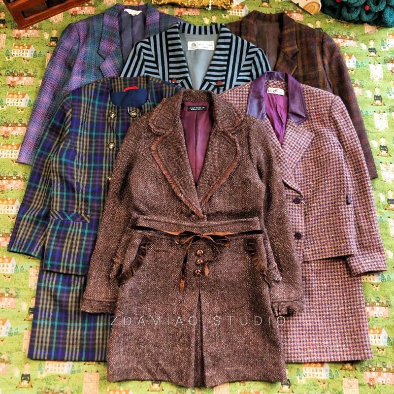 ZDAMIAO日本制古着昭和复古毛呢彩色格子中古套装西装半裙秋冬,女装/女士精品,时尚套装,淘宝优惠券,粉丝福利购,淘宝优惠卷