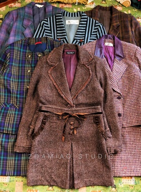 ZDAMIAO日本制古着昭和复古毛呢彩色格子中古套装西装半裙秋冬