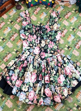 海淘精品中古vintgae爆款绑带收腰大摆花苞裙花柄公主裙连衣裙辣