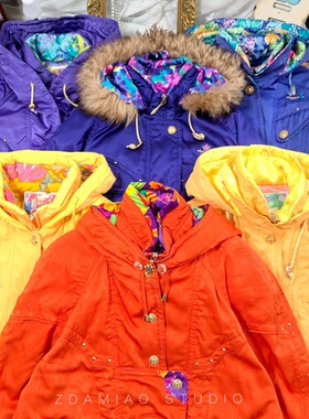 ZDAMIAO日本制古着vintage滑雪服蓝紫纯色收腰连帽防风保暖棉服