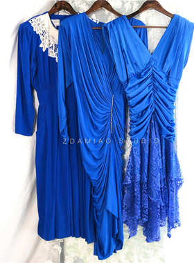 海淘美产中古vintgae宝蓝质感礼服褶皱缎面复古法式连衣裙名媛