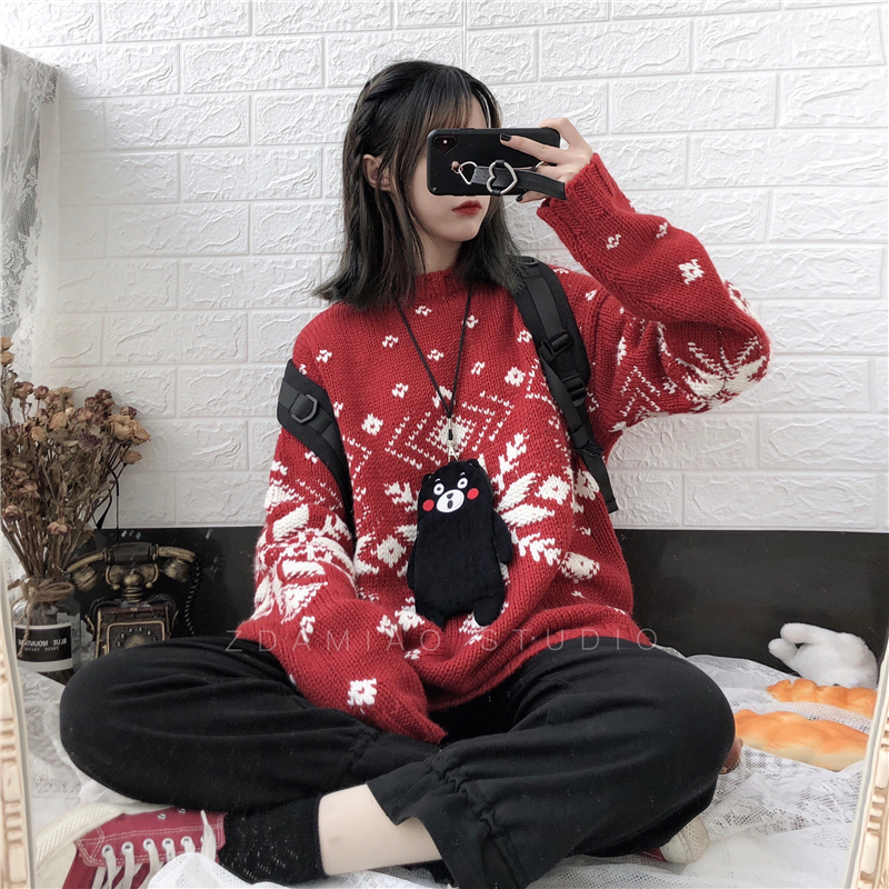 日系少女ins复古雪花北欧毛衣