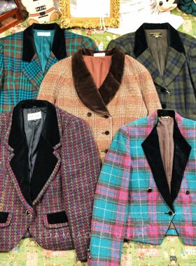 ZDAMIAO日本制中古vintage复古丝绒格子羊毛西装外套英伦学院港风