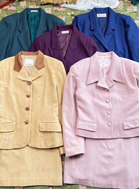 ZDAMIAO日本制中古vintage昭和复古纯色毛呢西装半裙套装港风复古