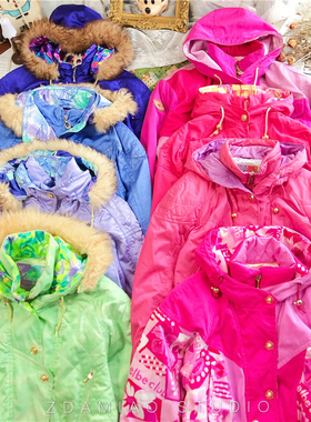 ZDAMIAO日本制古着复古收腰玫粉蓝紫色滑雪服棉服少女秋冬保暖厚