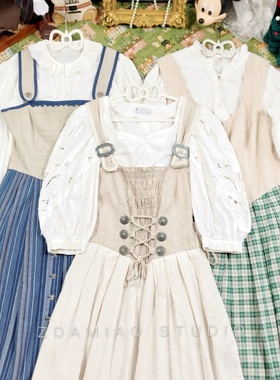 海淘精品中古vintgae巴伐利亚连衣裙套装绑带蕾丝格子棉麻背带裙