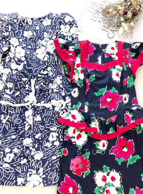 海淘美产古董花柄画报洋装假两件连衣裙中古vintgae法式荷叶边棉