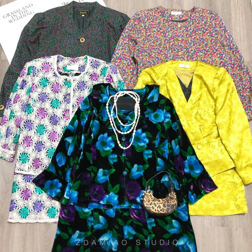 日本古着屋中古vintage复古港风花柄金扣气质优雅上衣半裙套装秋