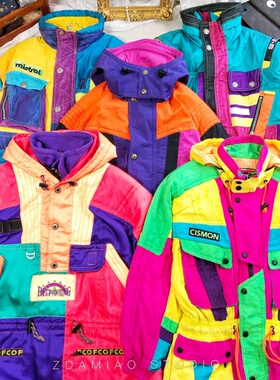 ZDAMIAO精品日本制古着vintage中古荧光撞色滑雪服棉服嘻哈男女潮