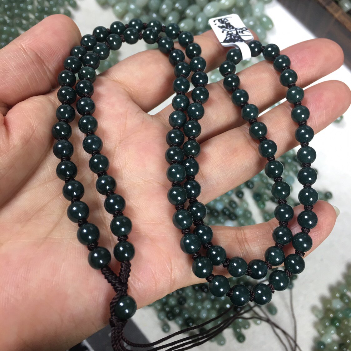 天然翡翠深蓝水墨绿色圆珠链深油青吊坠绳链男女款玉佩挂绳链卡6