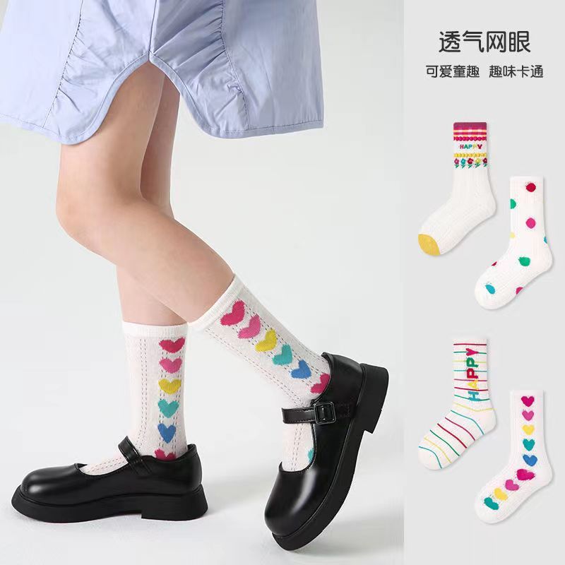 女童春夏薄款网眼波点中筒棉袜