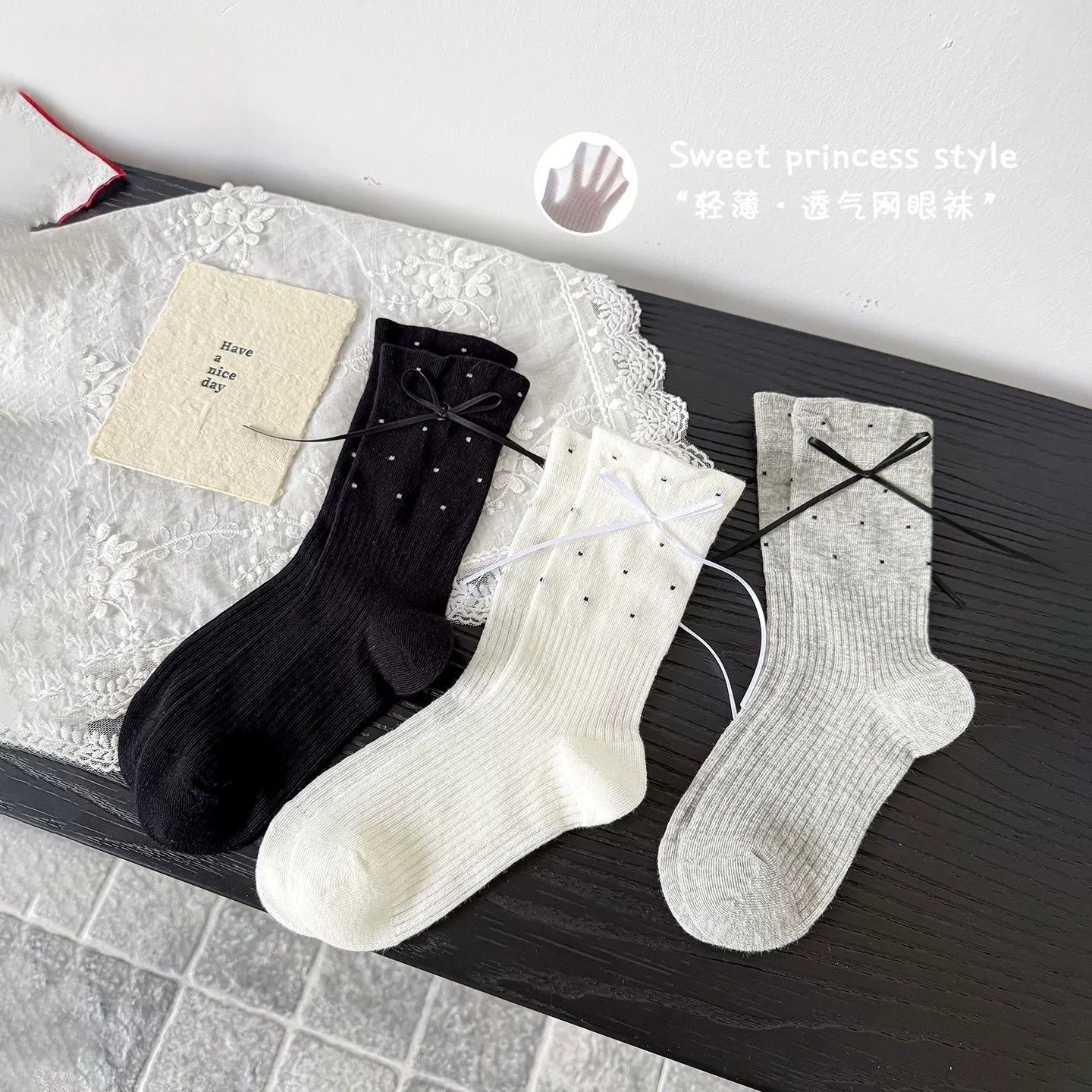 女童夏季薄款网眼蝴蝶结公主袜
