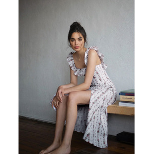 Ref亚麻碎花无袖长裙显瘦收腰连衣裙夏季新款发法式女装