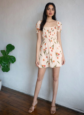 Ref人丝印花短款可爱风连衣裙2024夏季新款法式欧美女装