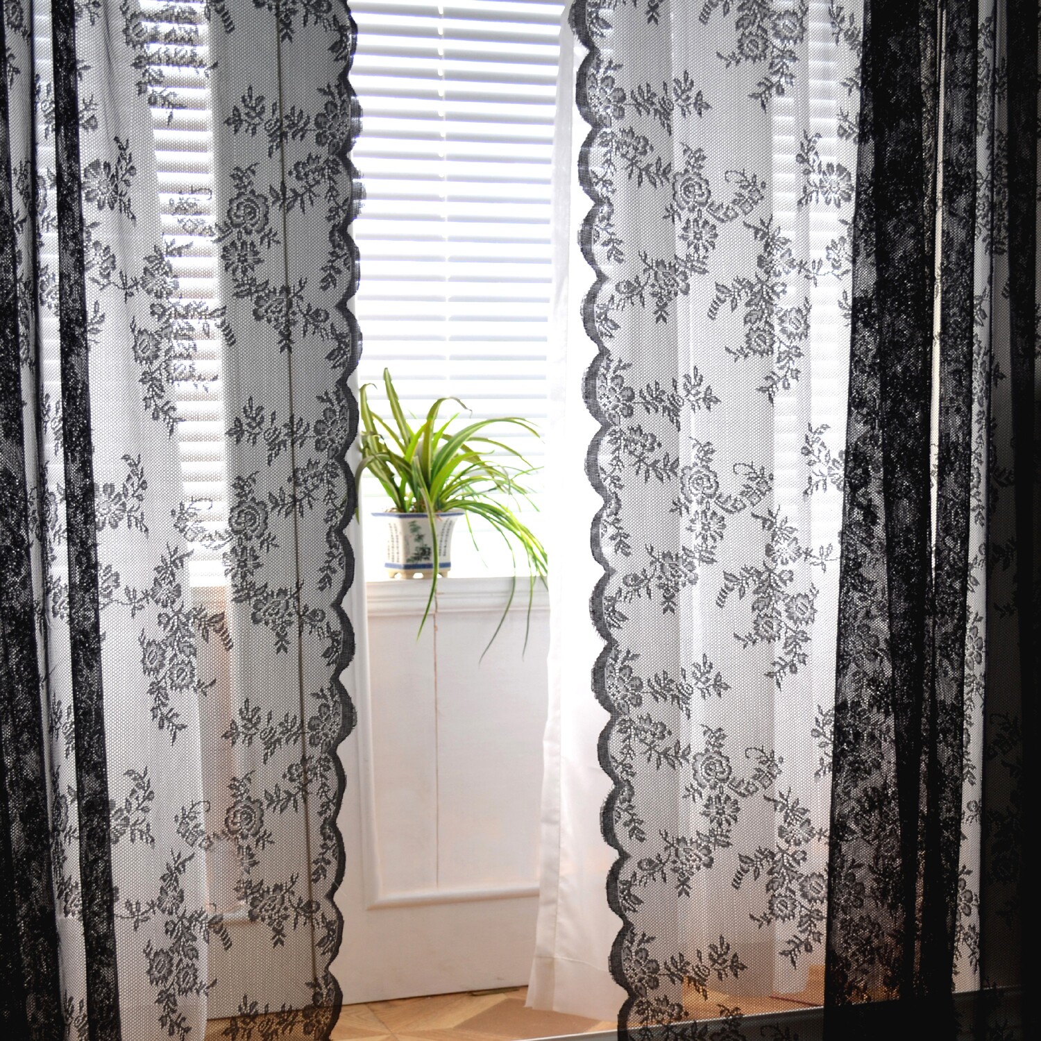 法式韩式卧室美容院店橱窗纱布一体双层黑色蕾丝窗纱窗帘成品定制