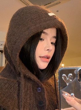 巴拉克法帽子女秋冬季新款针织连帽围脖一体保暖护耳大头围毛线帽