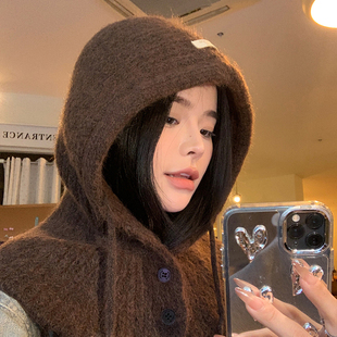 巴拉克法帽子女秋冬季新款针织连帽围脖一体保暖护耳大头围毛线帽