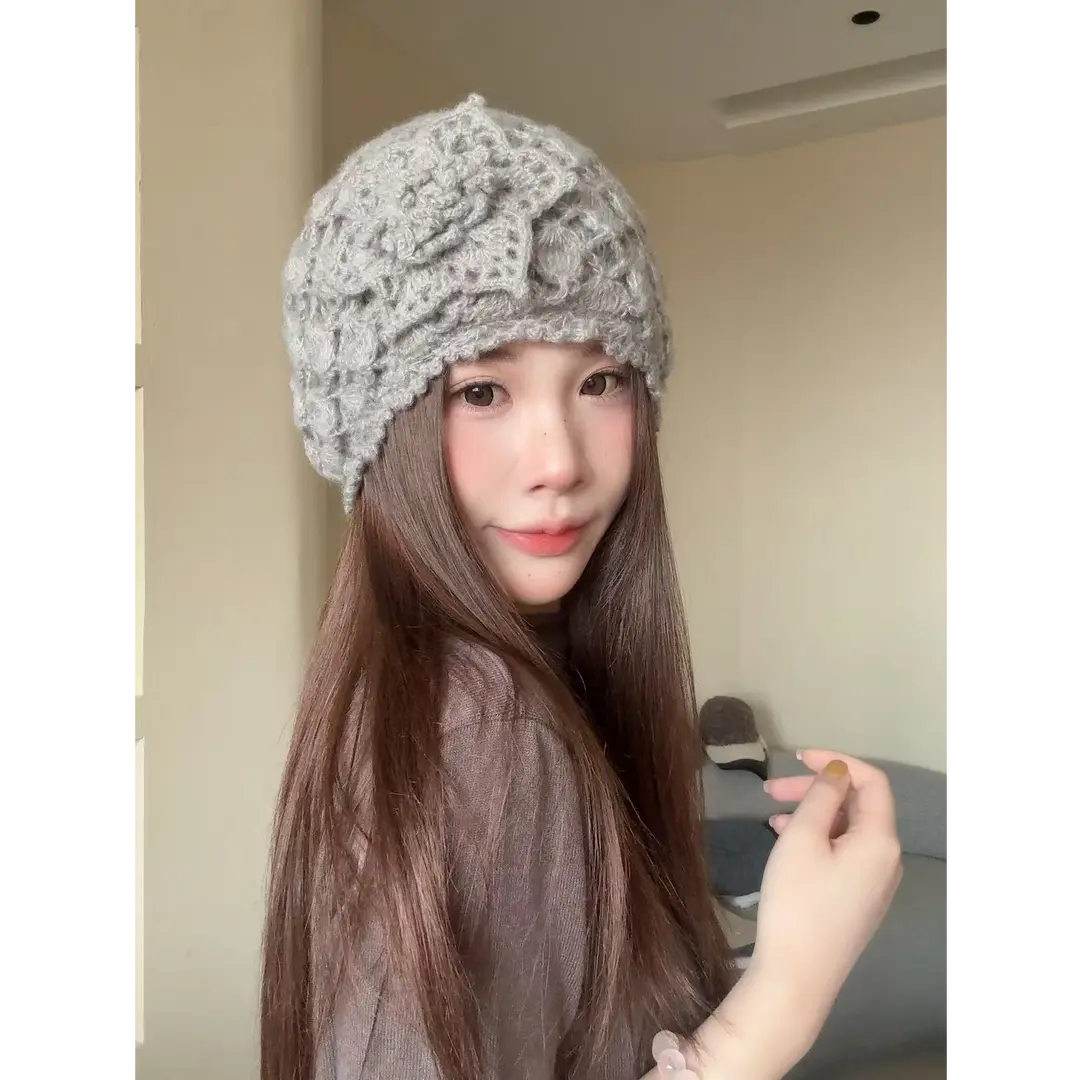 手工花朵包头护耳针织帽女