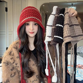 条纹款 纯手工编织流苏针织帽女秋冬保暖护耳显脸小绑带手工帽子潮
