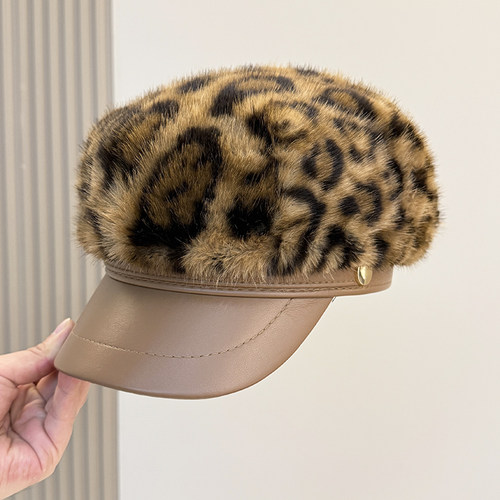 八角帽女豹纹英伦复古拼接