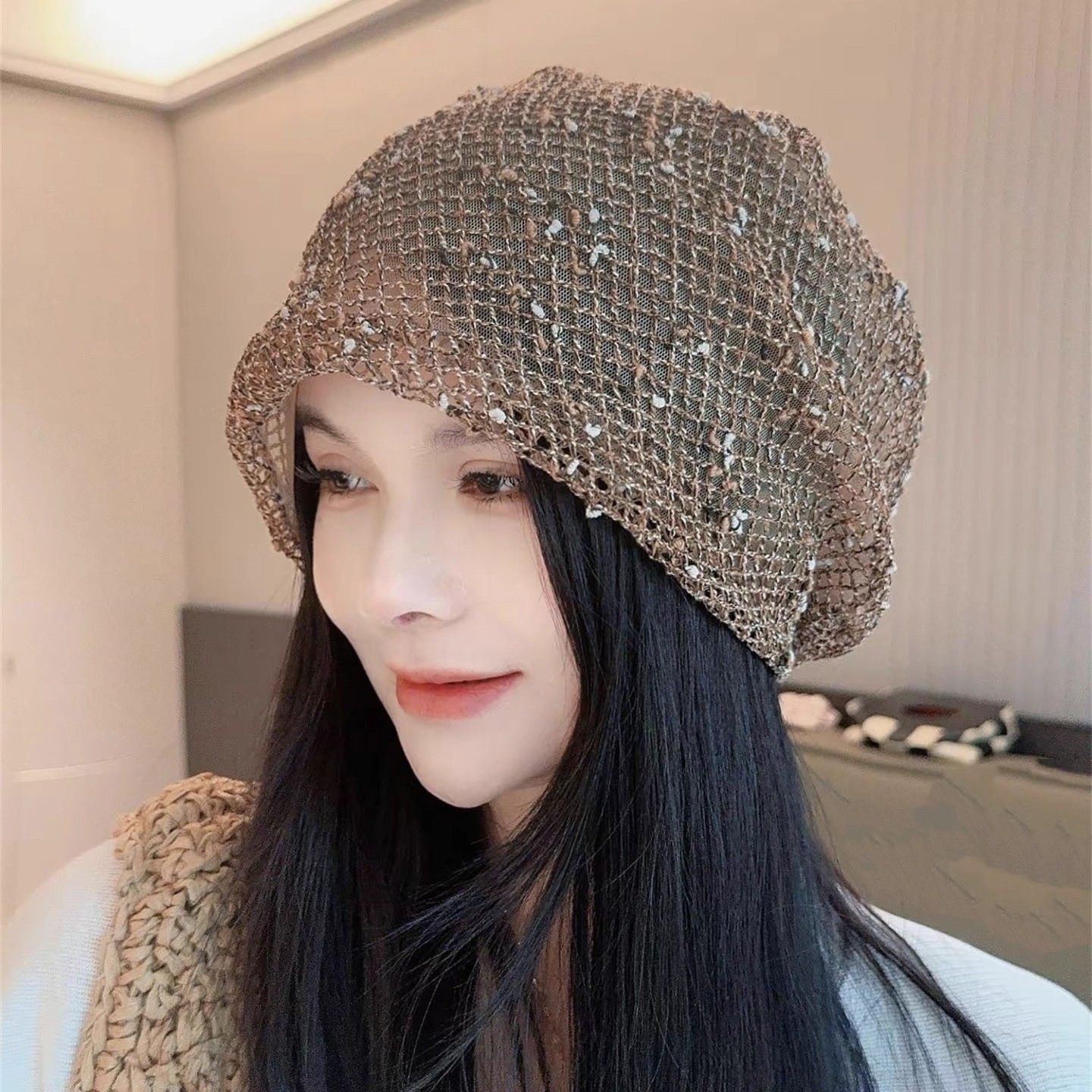 春夏季薄款镂空透气包头帽紫女早秋新款韩版百搭宽松显脸小堆堆帽