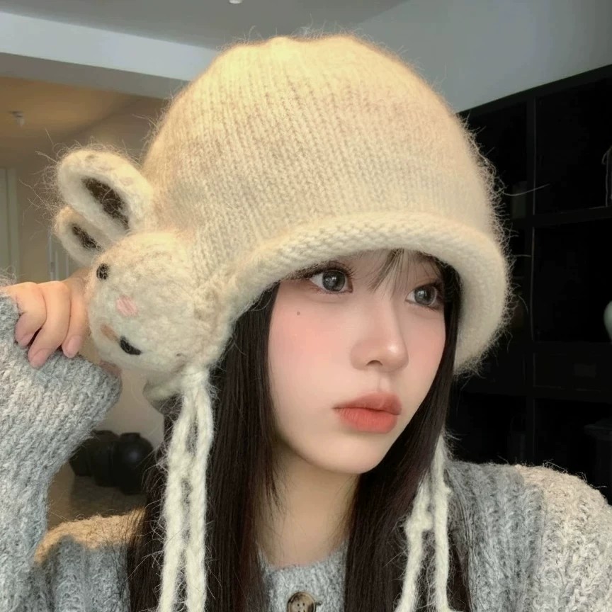 秋冬保暖护耳兔子流苏针织毛线帽