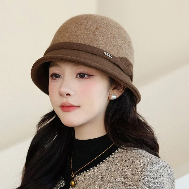 秋冬羊毛呢帽子法式显脸小洋气复古蝴蝶结渔夫帽中年妈妈保暖盆帽