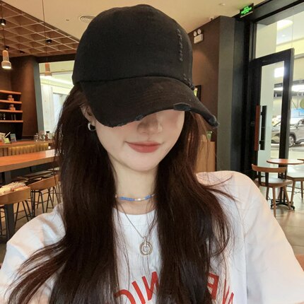 韩版帽子女时尚纯色破洞街头大头围显脸小棒球帽逛街男情侣鸭舌帽