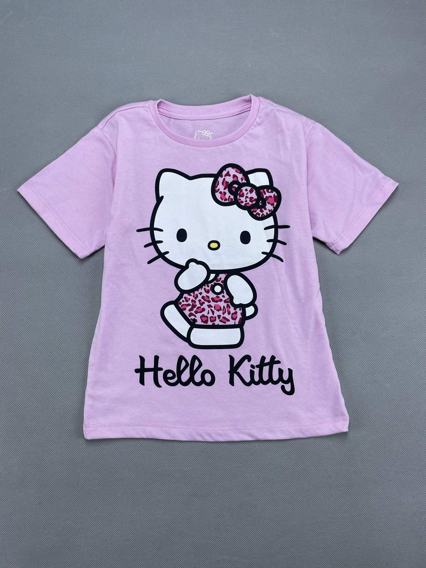 外贸童装原单尾货104-164女童圆领上衣短袖T恤中大童HelloKitty