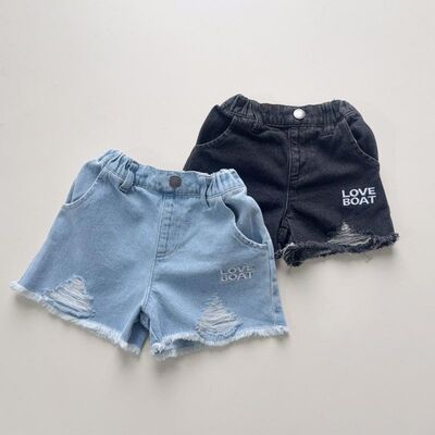 儿童夏季破洞牛仔短裤日单LOVE BOAT女童110-130 字母毛边热裤