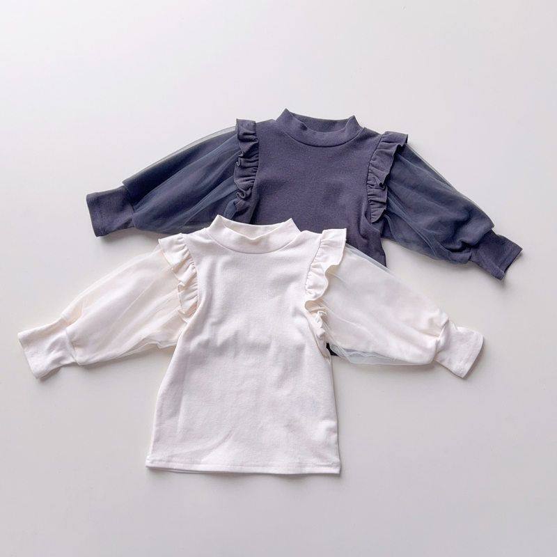 日单童装80-100女宝长袖T恤上衣荷叶边网纱袖甜美百搭纯色高弹