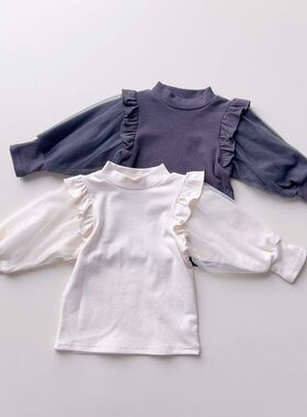 日单童装80-100女宝长袖T恤上衣荷叶边网纱袖甜美百搭纯色高弹