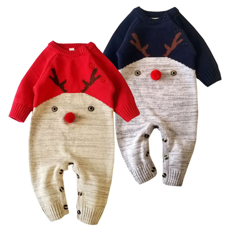 婴儿哈衣秋冬新款棉线婴儿连体衣圣诞麋鹿款爬服童毛衣跨境