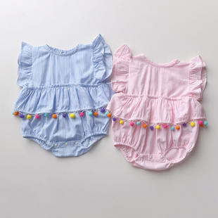 三角包屁爬服ins同款 日系80 100女寶寶夏季 飛袖 可愛小球球